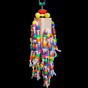 Over 300 pony beads knotted on cotton rope strands! The base is a 4" block topped with a snowflake ring and beads. Our experience has shown bead toys help feather pickers and are a great starter for birds that don't know how to play with toys.  Hangs approx 12" including link.