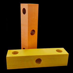 A brightly colored 1-3/4" by 1-3/4" by 6" birch wood block with three 1/2" holes. Recommended for making toys for medium to large birds.  Available in assorted colors.