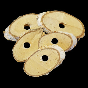 Natural birch slices measuring 1/4" thick with a 5/16" center hole. The size of each slice will vary, but average between 2" to 2-3/4". Recommended for small and intermediate birds.