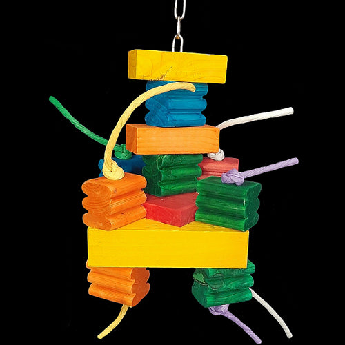 A short but chunky toy made with brightly colored wood blocks and paper rope. The base is nickel plated chain with a large 5-1/2