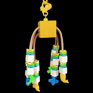 A hardwood cube with three veggie tanned leather laces filled with little wood blocks and lots of wiggle rings. The laces can be tugged back and forth for interactive play. Designed for small to intermediate sized birds.