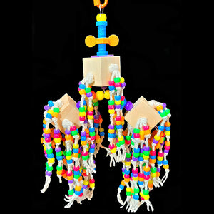 Just under 500 pony beads knotted on cotton from pine wood blocks on stainless steel wire that spin, wiggle and jiggle! Topped off with a mini plastic nut & bolt set for more interactive fun. Our experience has shown bead toys help feather pickers and are a great starter for birds that don't know how to play with toys.  Measures approx 7" by 14" including link.