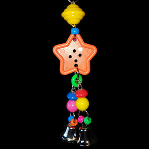 A colorful mixture of beads hanging from a big button with bells on nickel plated chain. The chain can be pulled slightly from side to side. A great toy for birds who love beads and bells and like to make a little noise!  Hangs approx 8-1/2" including link.