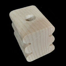 Load image into Gallery viewer, Natural, uncolored pine wood blocks measuring approx 1-1/2&quot; by 2&quot; by 1-5/8&quot; high with a 1/2&quot; hole. The blocks have rounded grooves making them easier for birds to chew.
