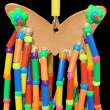 Load image into Gallery viewer, Handmade parrot toy made with bright plastic straw beads and pony beads strung on jute cord from a veggie tanned leather toy base. Hangs on a short length of nickel plated chain. Designed for birds that love beads, from intermediate up to medium sized birds.
