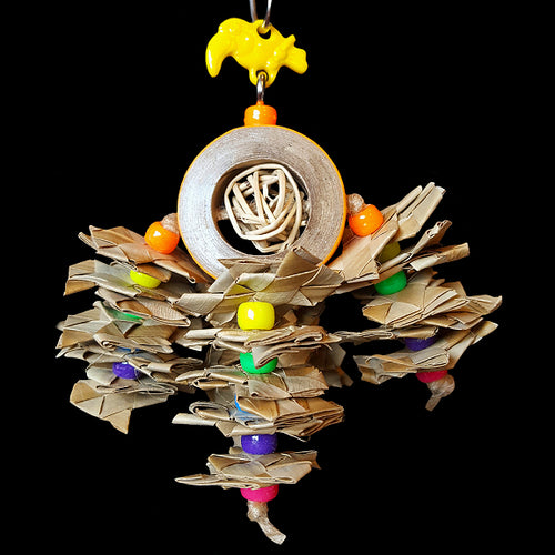 Your bird is sure to cheer when he sees this toy! Lots of shredding fun with four strands of zigzag palm leaf shredders on a chubby bagel with a mini vine munch ball tucked inside. A fun toy for all small birds!