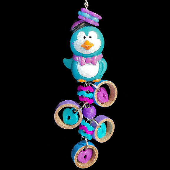 An adorable rubber penguin on nickel plated chain with birdie bagels and assorted rings, beads & charms. Designed for small birds.