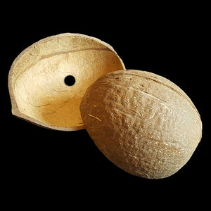 Natural coconut shell half measuring approx 3-1/2" by 4" although this can vary as they are a natural product and are not all uniform. Makes a great toy base for medium and large toys or swing base for smaller birds. Will come with a 3/8" hole drilled through the center unless instructed otherwise.
