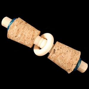 Cork stoppers, wood beads and a wood ring with colored acrylic rings on a paper lollipop stick make up this light weight foot toy designed for intermediate and medium sized birds that like softer textures. Can also be used as a cage top toy for small birds.  Measures approx 3-1/2".
