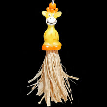 Load image into Gallery viewer, Budgie toy with a vinyl critter with tufts of raffia just waiting to be shredded! Designed for small and extra small birds. Comes in assorted critters.
