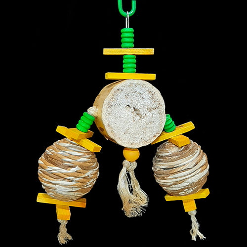 Two sola rope balls (plastic balls wound with sola wood rope) with brightly colored mini pine slats and wood beads strung on sisal rope from a soft yucca wood center. The base of this toy is stainless steel wire. Great for birds who prefer softer textures to shred!  Hangs approx 11