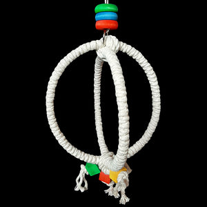 Sturdy steel rings wrapped with unbleached 100% cotton rope with brightly colored wood blocks and rings. A fun swing that provides a soft footing and promotes exercise & coordination. Designed for small and intermediate sized birds such as 'tiels, lovebirds, budgies, caiques, senegals, conures and other small parrots.  Measures approx 7" in diameter by 14" including link.