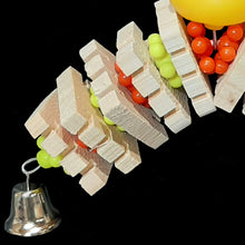 Load image into Gallery viewer, Bird toy built on stainless steel wire. Natural notched pine slices (Busy Beaver Slices) with mini atom beads and two nickel plated bells under a rubber duck. Designed for small birds that love to chew or intermediate sized birds that like smaller toys.
