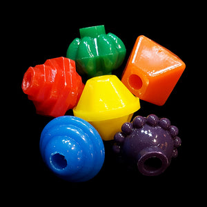 Brightly colored acrylic beads in assorted fun shapes. Beads measure approx 1" with a 1/4" hole.