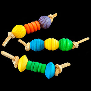 An assortment of small, lightweight foot toys made with colored wood beads strung on veggie tanned leather lace. Designed for small to intermediate birds. Approx 3-1/2" long.