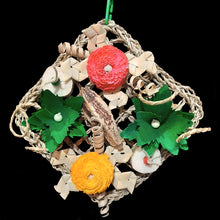 Load image into Gallery viewer, Seagrass foraging mat bird toy for parrots. Made with sola flowers, palm, mahogany and cane.
