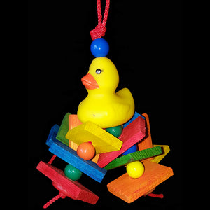 A rubber duck with a dozen brightly colored pine slats & beads strung on paulie rope. This toy contains no metal parts.  Hangs approx 5" by 9" including link.