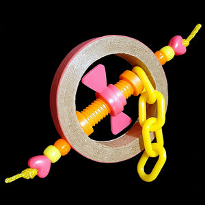 Plastic chain and a mini nut & bolt inside a bagel held together with paulie rope and pony beads. Designed for all medium to large birds.  Measures approx 3" by 5".