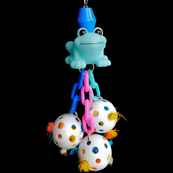 Three perforated golf balls stuffed with multi-colored, crunchy sisal rope dangling on plastic chain under a rubber critter. A great toy for foraging fun!  Hangs approx 8