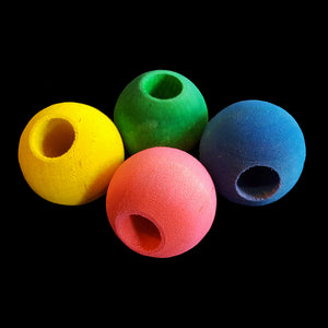Brightly colored hardwood balls measuring approx 1" in diameter with a 3/8" hole running through the bead.