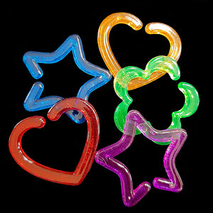 Brightly colored hard plastic links measuring approx 1-1/2" by 1-1/2". The links can be connected together to form a chain or used to make small bird and sugar glider toys. Shapes include heart, star & flower.