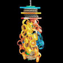 Load image into Gallery viewer, A great multi-textured toy with some wiggle and jiggle to it! Brightly colored pine slats, lots of cardboard rounds and bamboo chain strung on nickel plated chain. Designed for lighter chewers. Can also be hung from end to end to form a bridge toy.
