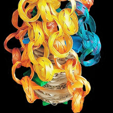 Load image into Gallery viewer, A great multi-textured toy with some wiggle and jiggle to it! Brightly colored pine slats, lots of cardboard rounds and bamboo chain strung on nickel plated chain. Designed for lighter chewers. Can also be hung from end to end to form a bridge toy.
