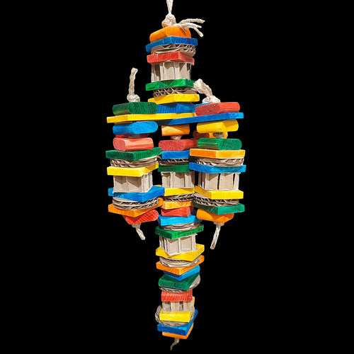 A great toy for medium sized birds who love smaller pieces! Five legs of brightly colored pine wood slats, pine wafer blocks, small cardboard honeycomb blocks and cardboard disks strung on jute rope from two large spinning pine wood slats.