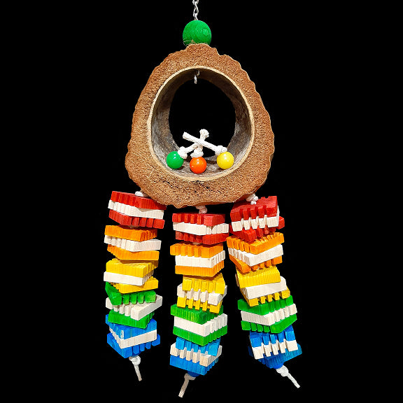 Made with a natural coconut shell and husk ring with lots of notched pine slices knotted on cotton cord.  A great toy for beaks that don't like hard wood as the coconut husk is easy to shred and the pine slices with the notches are easy to chip away at! Toy hangs from nickel plated chain.  Measures approx 6