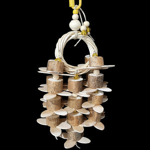 Lots of super soft sola wood, thin wood paddles and little beads dangling from a 3 inch willow ring. Strung on hemp cord. Designed for small to intermediate sized birds who are not big chewers. Note: Sola wood is very soft and similar to balsa.  Measures approx 4" by 11" including link.