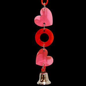 Extra thick crystal colored acrylic shapes in pink and red with a nickel-plated bell to ring.  Hangs approx 8" including link.