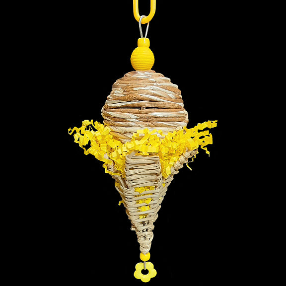 There will be no screaming once your bird gets it's beak into this cone made just for them! A sola rope ball sitting inside a vine cone stuffed with crinkle cut paper shred. Built on stainless steel wire and designed for small birds. Available in assorted colors.  Measures approx 3
