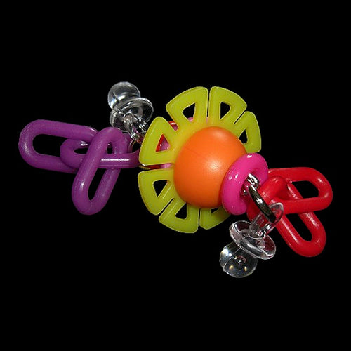 A plastic wheel with chain, beads, rings & mini pacifiers on nickel plated hardware. An intriguing light weight toy for birds of all sizes.  Measures approx 1-1/2