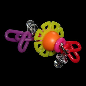A plastic wheel with chain, beads, rings & mini pacifiers on nickel plated hardware. An intriguing light weight toy for birds of all sizes.  Measures approx 1-1/2" by 4-1/2".