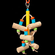 Load image into Gallery viewer, Cork stoppers and acrylic beads on veggie tanned leather lace that can be tugged back and forth through a brightly colored wood dowel base. Designed for lovebirds, cockatiels, conures and quakers up to other intermediate sized birds that like smaller toys. Available in assorted color combinations. Measures approx 3&quot; by 9&quot; including link.
