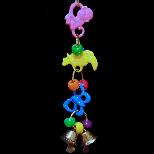 Acrylic critter charms mixed with pony beads & tiny nickel plated bells. Makes a nice sound when rattled.  Hangs approx 5-1/2