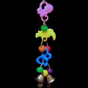 Acrylic critter charms mixed with pony beads & tiny nickel plated bells. Makes a nice sound when rattled.  Hangs approx 5-1/2" including link.