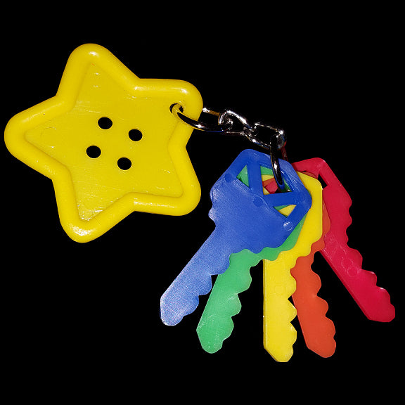 Your parrot's very own set of bird-safe keys made with a big plastic button, plastic keys and nickel plated hardware.  Designed for medium to large sized birds.