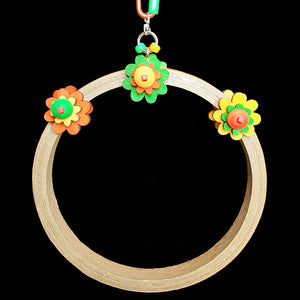 A cute swing made with a birdie bagel base and brightly colored pine daisies. Designed for intermediate sized birds such as senegals, caiques, ringnecks, quaker parrots, etc.  Measures approx 8" by 11" including link.