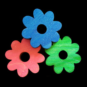 Brightly colored soft wood pine flowers measuring 1-1/2" by 1/4" thick with a 3/8" center hole.