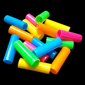 Thick plastic straw beads in bright neon colors measuring approx 1-1/4" in length by 3/8" in diameter. Can be used for making toys in any size.