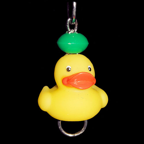 A small rubber duck on nickel plated chain with an o-ring on the bottom. Simply thread stringing material through the ring or open to add chain or other dangles. Includes cool clip link. Recommended for small bird toys.