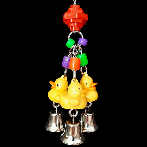 A trio of little ducks, nickel plated bells and assorted beads on nickel plated chain to rattle & bang around!  Hangs approx 7