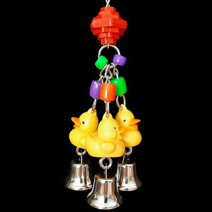 A trio of little ducks, nickel plated bells and assorted beads on nickel plated chain to rattle & bang around!  Hangs approx 7" including link.