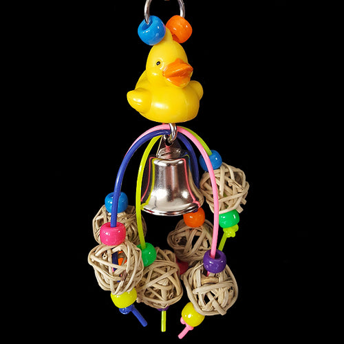 A beak tempting mix of mini vine balls & pony beads under a little duck with a nickel plated bell.  Hangs approx 6