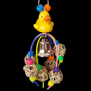 A beak tempting mix of mini vine balls & pony beads under a little duck with a nickel plated bell.  Hangs approx 6" including link.