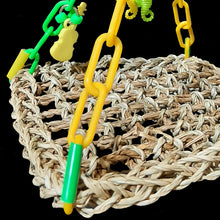 Load image into Gallery viewer, A fun hammock made with a 7&quot; by 7&quot; seagrass mat suspended by plastic chain and adorned with assorted charms. Makes a great swinging perch or play gym for small birds. Ideal for lovebirds, budgies, parrotlets, linnies, small conures, etc.
