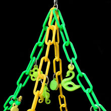 Load image into Gallery viewer, A fun hammock made with a 7&quot; by 7&quot; seagrass mat suspended by plastic chain and adorned with assorted charms. Makes a great swinging perch or play gym for small birds. Ideal for lovebirds, budgies, parrotlets, linnies, small conures, etc.
