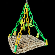 Load image into Gallery viewer, A fun hammock made with a 7&quot; by 7&quot; seagrass mat suspended by plastic chain and adorned with assorted charms. Makes a great swinging perch or play gym for small birds. Ideal for lovebirds, budgies, parrotlets, linnies, small conures, etc.
