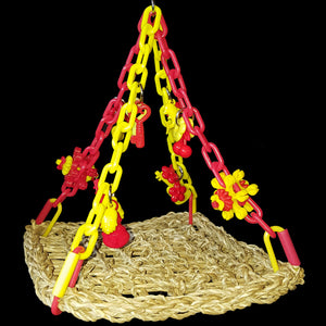 A fun hammock swing made with a 7" by 7" seagrass mat suspended by plastic chain and adorned with little toys. Makes a great swinging perch or play gym for small birds. Ideal for lovebirds, budgies, small conures and cockatiels.